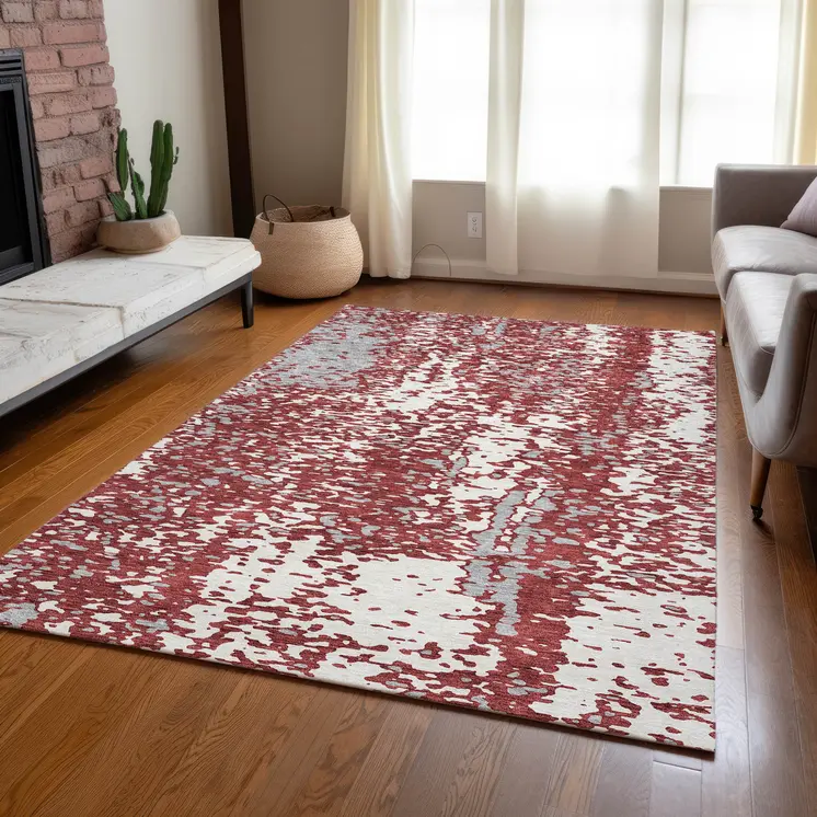 5' X 8' Burgundy And Ivory Abstract Washable Indoor Outdoor Area Rug
