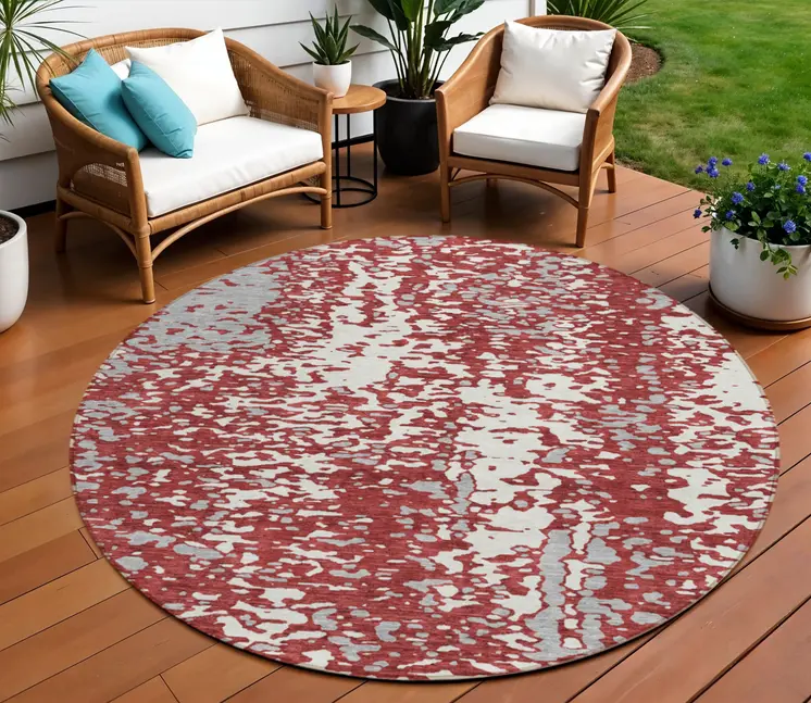 8' Burgundy And Ivory Round Abstract Washable Indoor Outdoor Area Rug