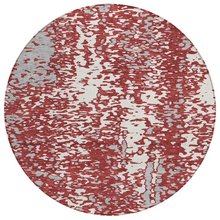 8' Burgundy And Ivory Round Abstract Washable Indoor Outdoor Area Rug