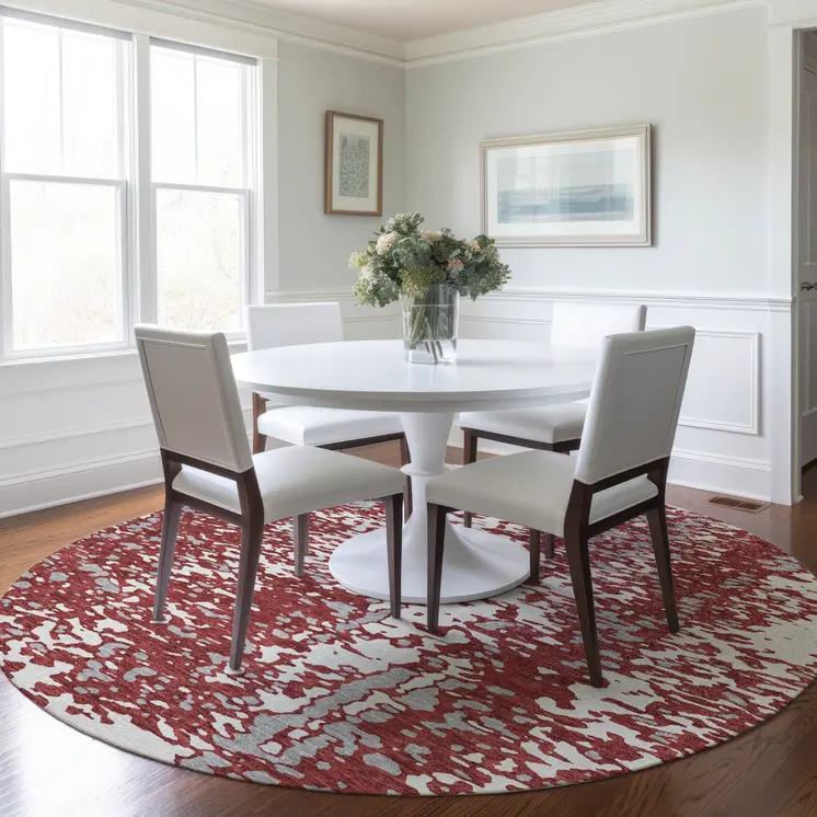 8' Burgundy And Ivory Round Abstract Washable Indoor Outdoor Area Rug