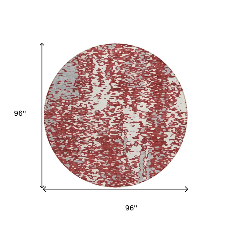 8' Burgundy And Ivory Round Abstract Washable Indoor Outdoor Area Rug