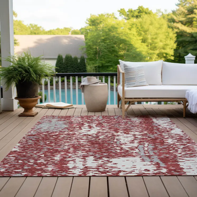 8' X 10' Burgundy And Ivory Abstract Washable Indoor Outdoor Area Rug