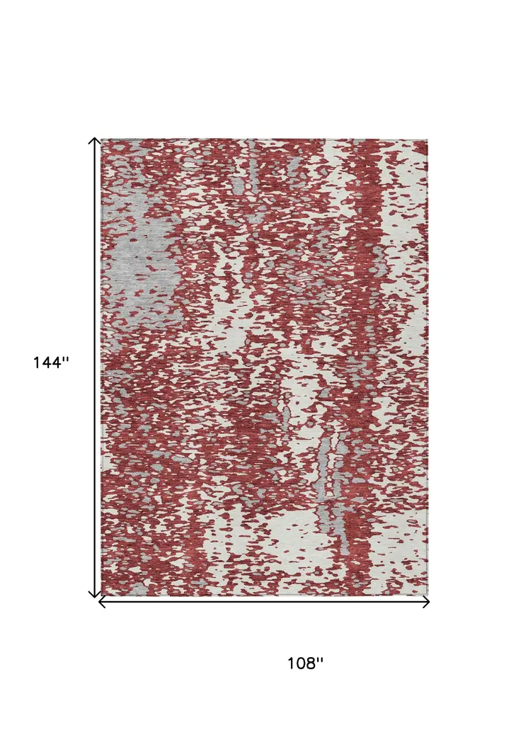 9' X 12' Burgundy And Ivory Abstract Washable Indoor Outdoor Area Rug