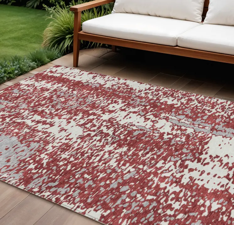 10' X 14' Burgundy And Ivory Abstract Washable Indoor Outdoor Area Rug