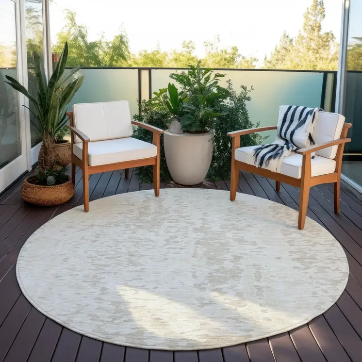 8' Ivory And Beige Round Abstract Washable Indoor Outdoor Area Rug