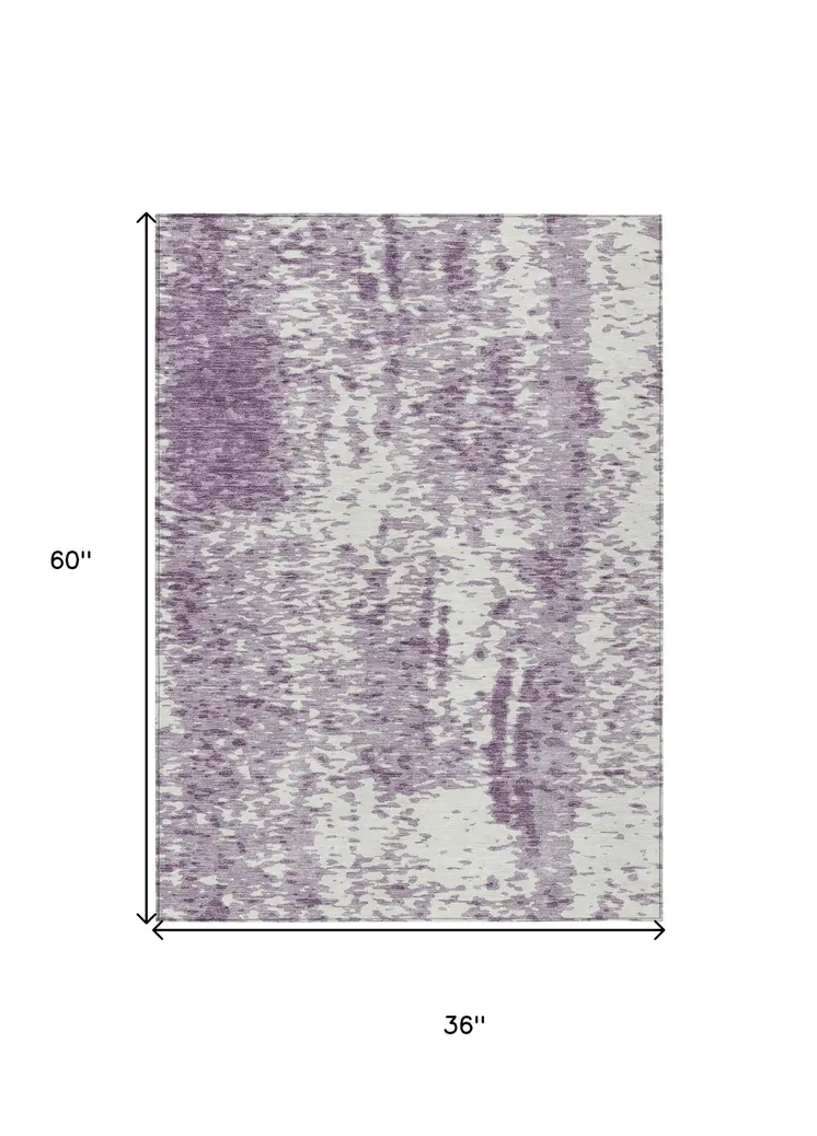 3' X 5' Lavender And Ivory Abstract Washable Indoor Outdoor Area Rug