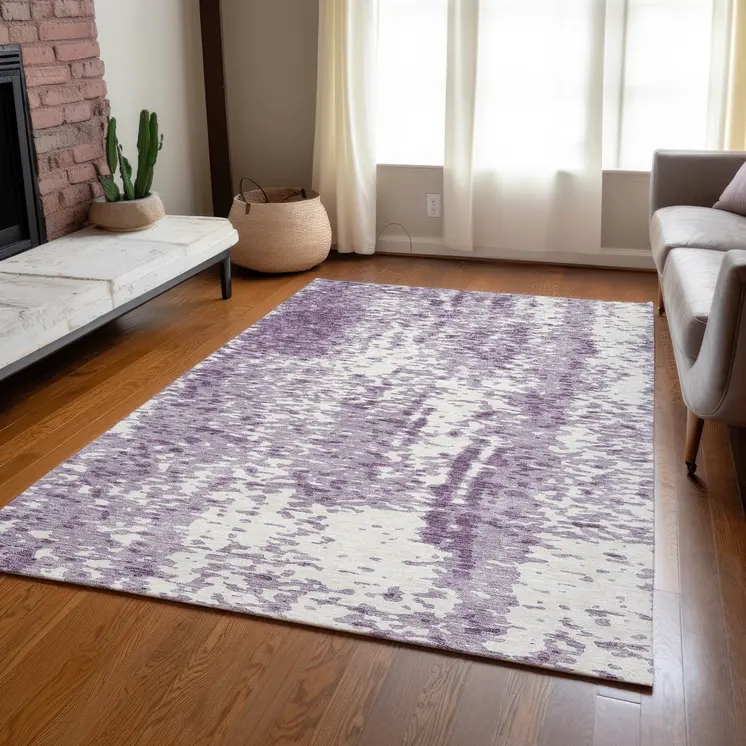 3' X 5' Lavender And Ivory Abstract Washable Indoor Outdoor Area Rug