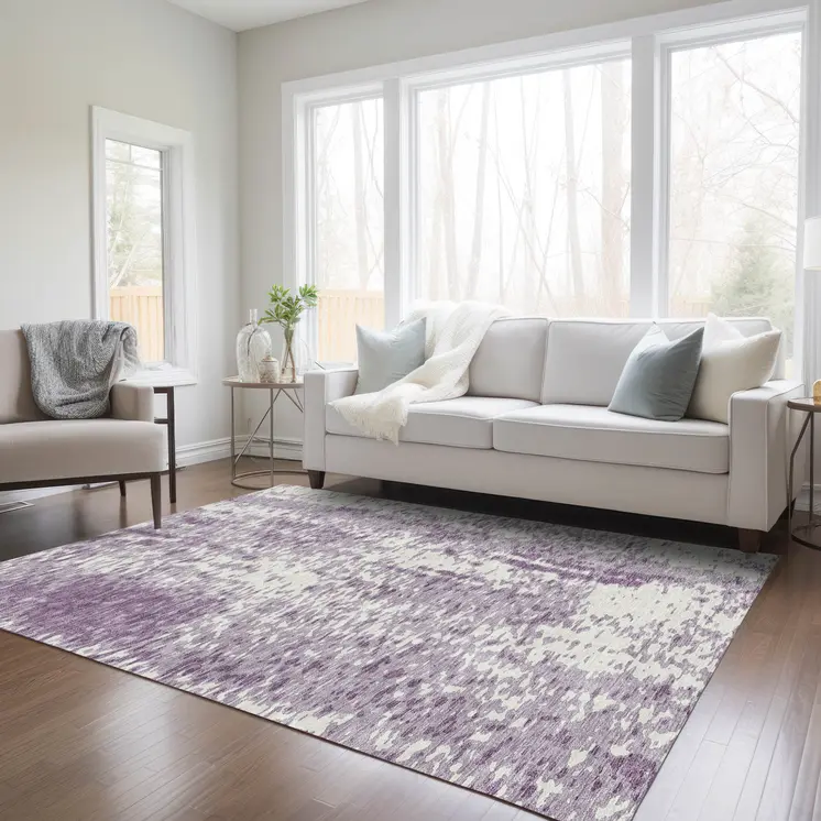 3' X 5' Lavender And Ivory Abstract Washable Indoor Outdoor Area Rug