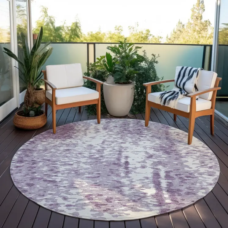 8' Lavender And Ivory Round Abstract Washable Indoor Outdoor Area Rug