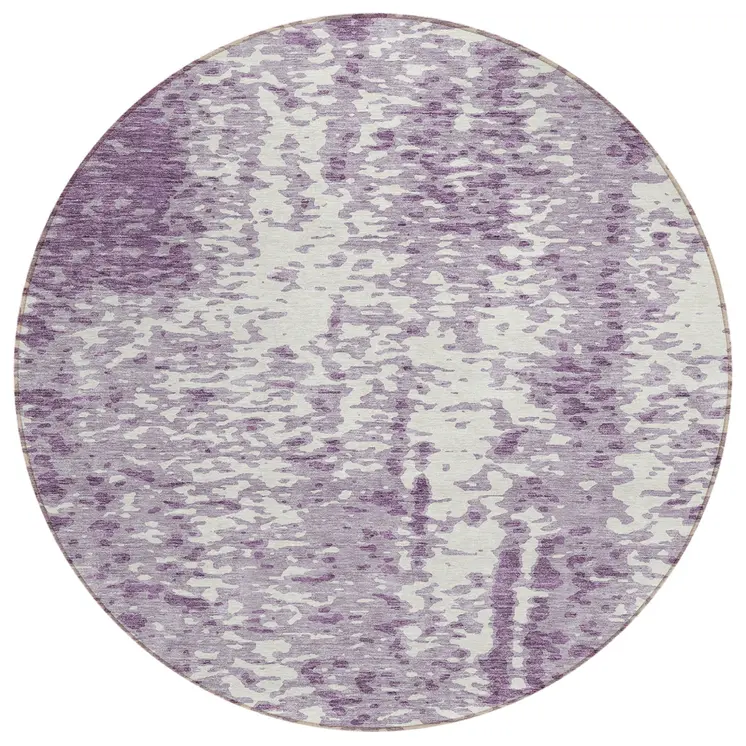8' Lavender And Ivory Round Abstract Washable Indoor Outdoor Area Rug