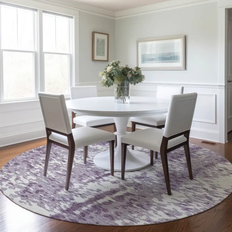 8' Lavender And Ivory Round Abstract Washable Indoor Outdoor Area Rug