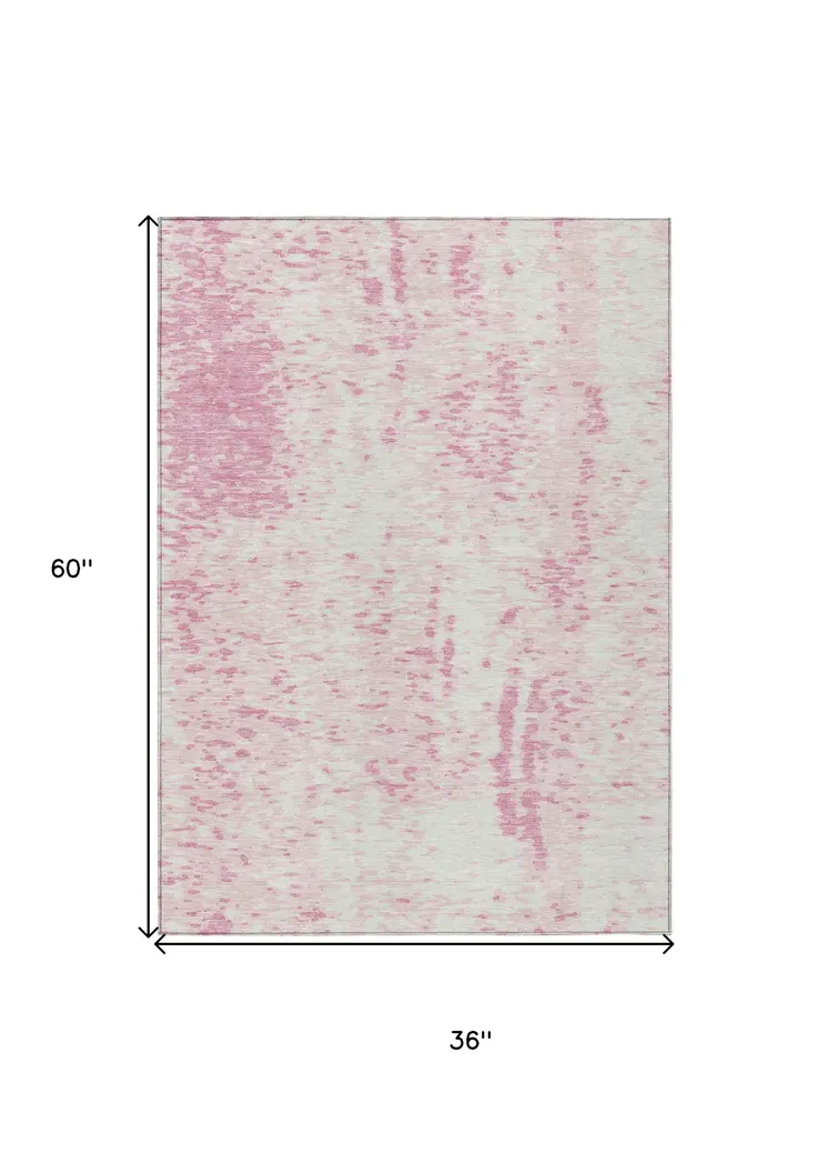 3' X 5' Pink And Ivory Abstract Washable Indoor Outdoor Area Rug