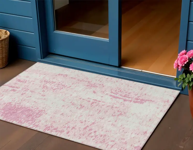 3' X 5' Pink And Ivory Abstract Washable Indoor Outdoor Area Rug
