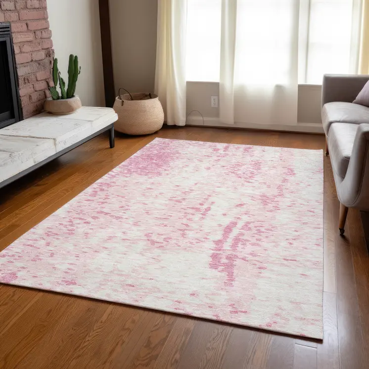 3' X 5' Pink And Ivory Abstract Washable Indoor Outdoor Area Rug