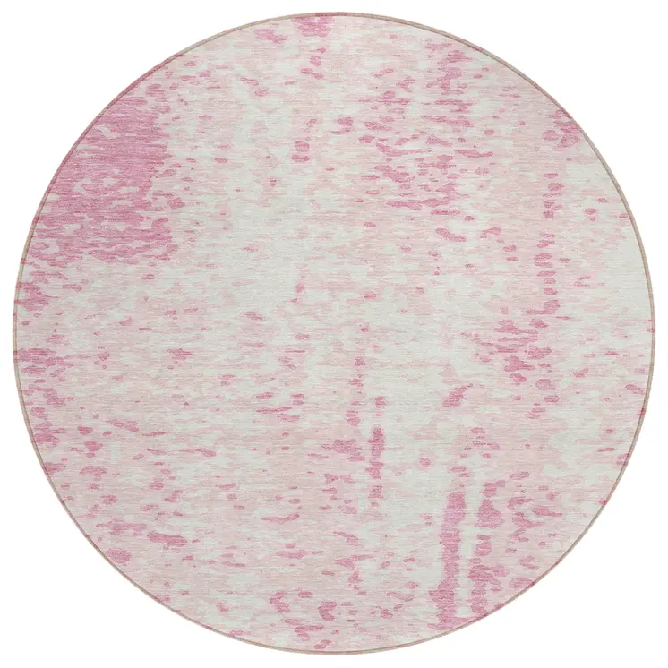 8' Pink And Ivory Round Abstract Washable Indoor Outdoor Area Rug