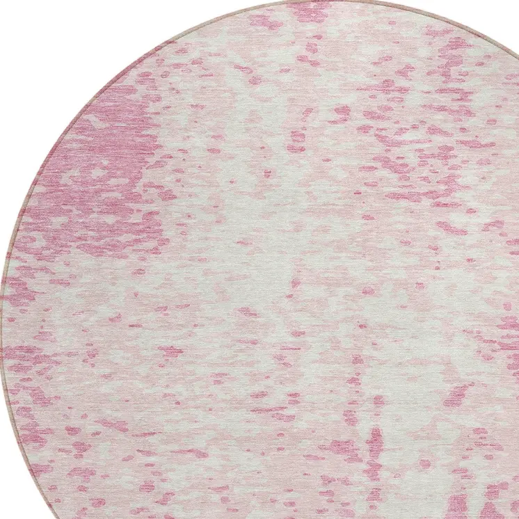 8' Pink And Ivory Round Abstract Washable Indoor Outdoor Area Rug