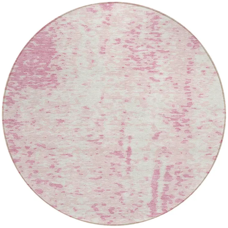 8' Pink And Ivory Round Abstract Washable Indoor Outdoor Area Rug