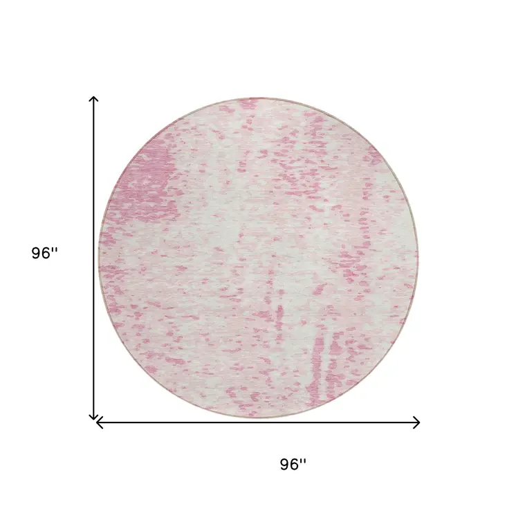 8' Pink And Ivory Round Abstract Washable Indoor Outdoor Area Rug