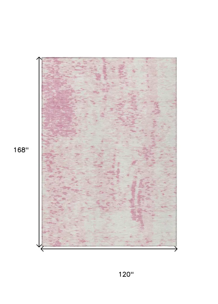 10' X 14' Pink And Ivory Abstract Washable Indoor Outdoor Area Rug