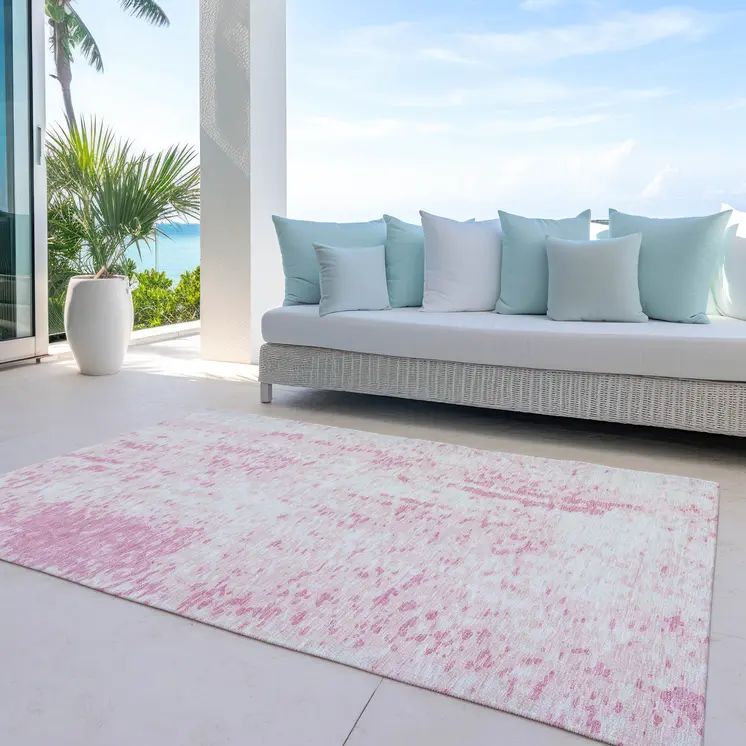 10' X 14' Pink And Ivory Abstract Washable Indoor Outdoor Area Rug