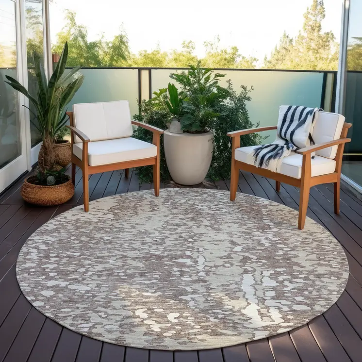 8' Taupe And Ivory Round Abstract Washable Indoor Outdoor Area Rug