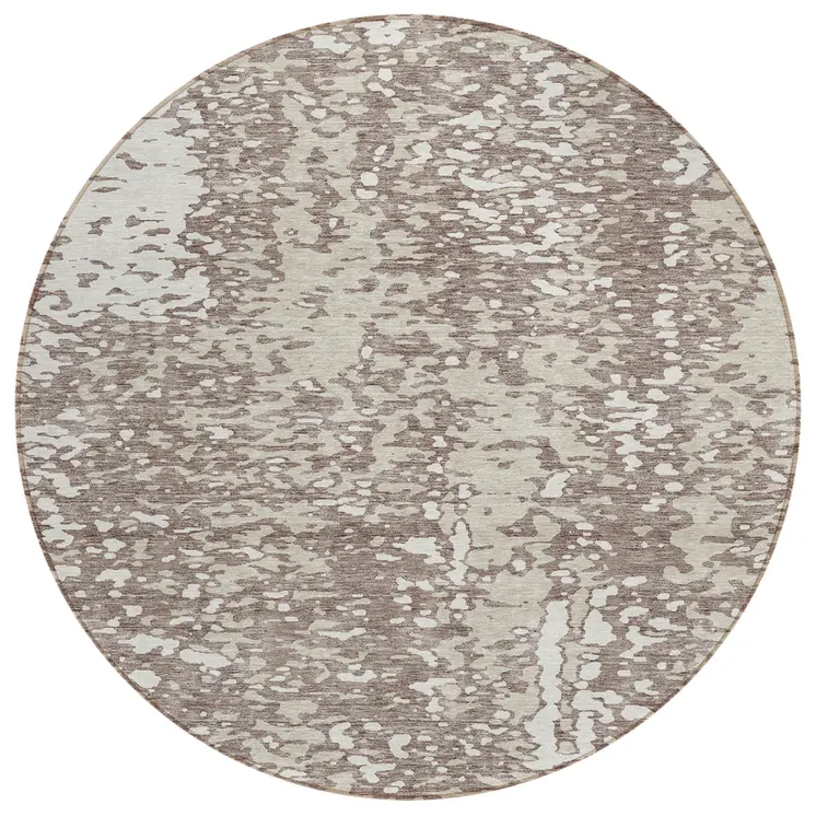 8' Taupe And Ivory Round Abstract Washable Indoor Outdoor Area Rug