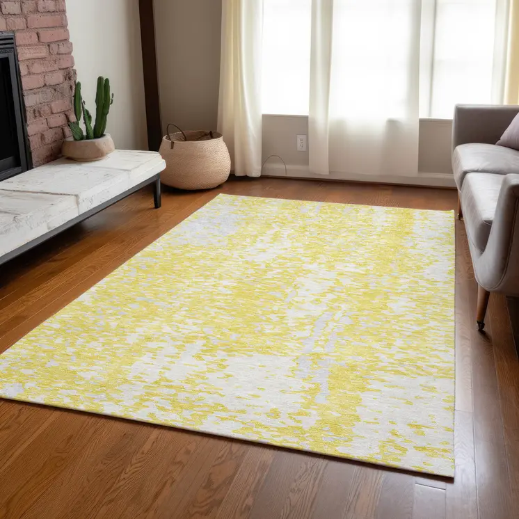 5' X 8' Yellow And Ivory Abstract Washable Indoor Outdoor Area Rug