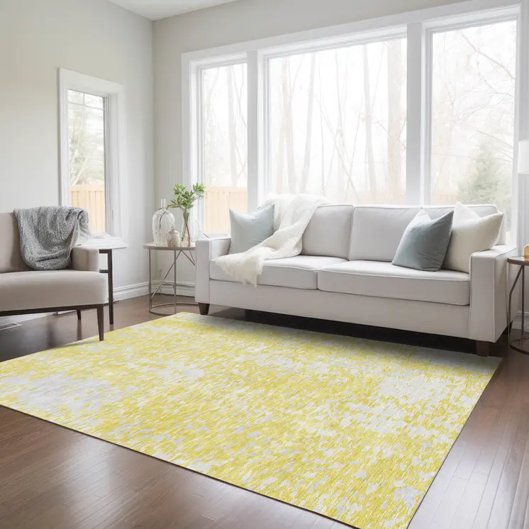 5' X 8' Yellow And Ivory Abstract Washable Indoor Outdoor Area Rug