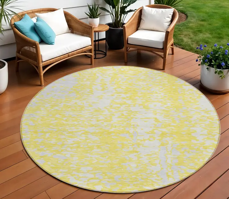 8' Yellow And Ivory Round Abstract Washable Indoor Outdoor Area Rug
