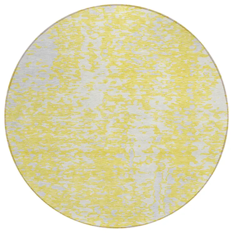 8' Yellow And Ivory Round Abstract Washable Indoor Outdoor Area Rug