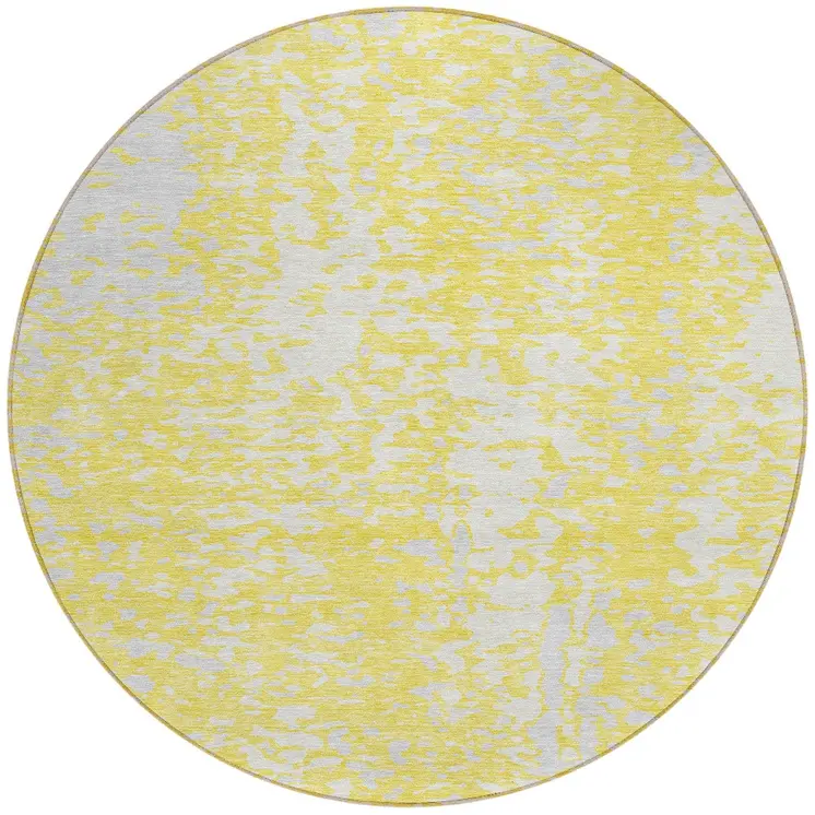 8' Yellow And Ivory Round Abstract Washable Indoor Outdoor Area Rug