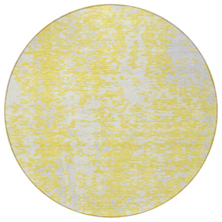 8' Yellow And Ivory Round Abstract Washable Indoor Outdoor Area Rug