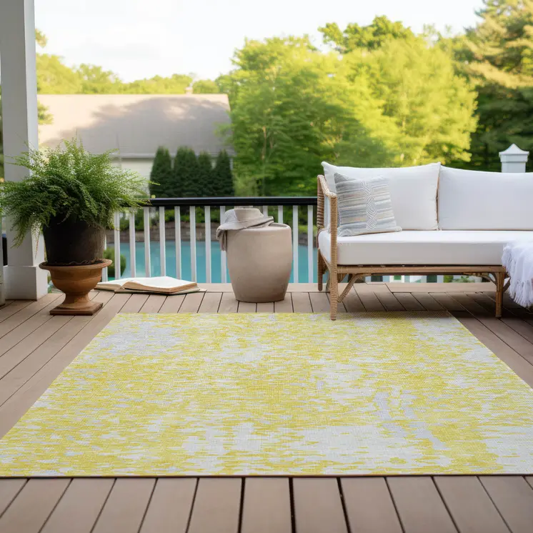 9' X 12' Yellow And Ivory Abstract Washable Indoor Outdoor Area Rug