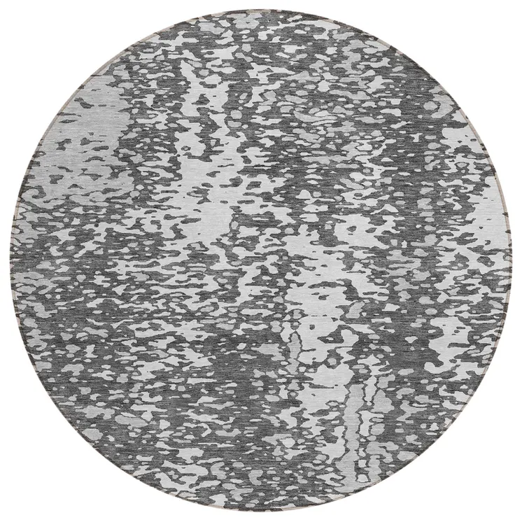 8' Charcoal And Silver Round Abstract Washable Indoor Outdoor Area Rug