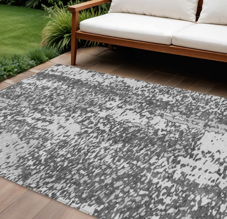 10' X 14' Charcoal And Silver Abstract Washable Indoor Outdoor Area Rug