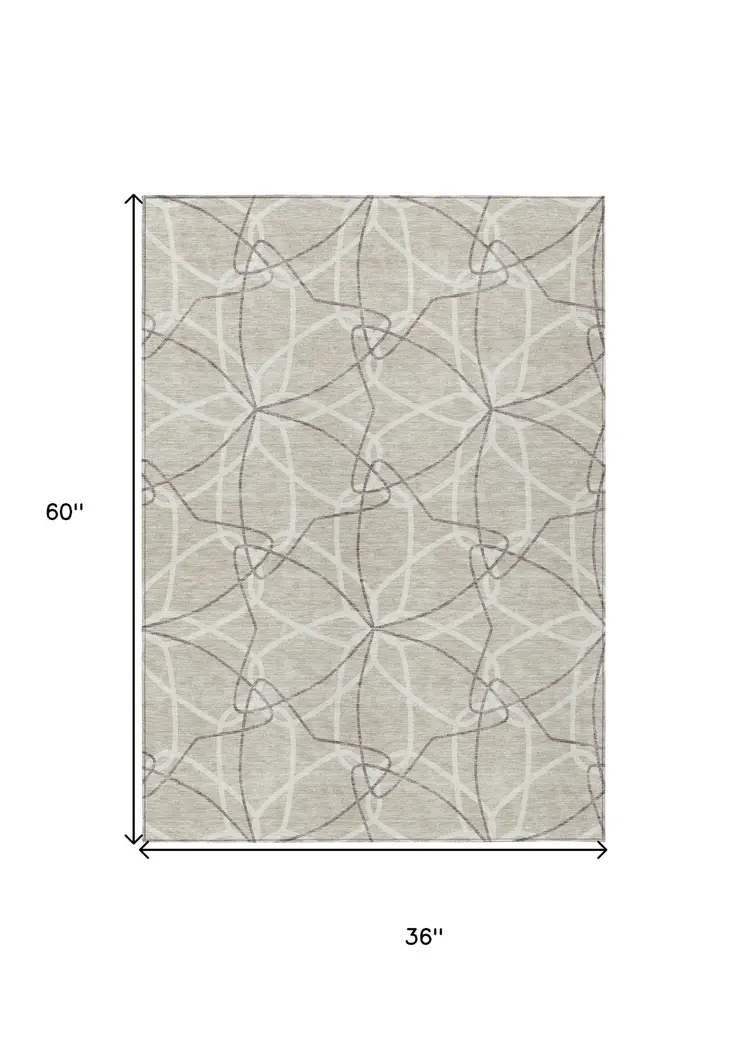 3' X 5' Beige And Ivory Geometric Washable Indoor Outdoor Area Rug