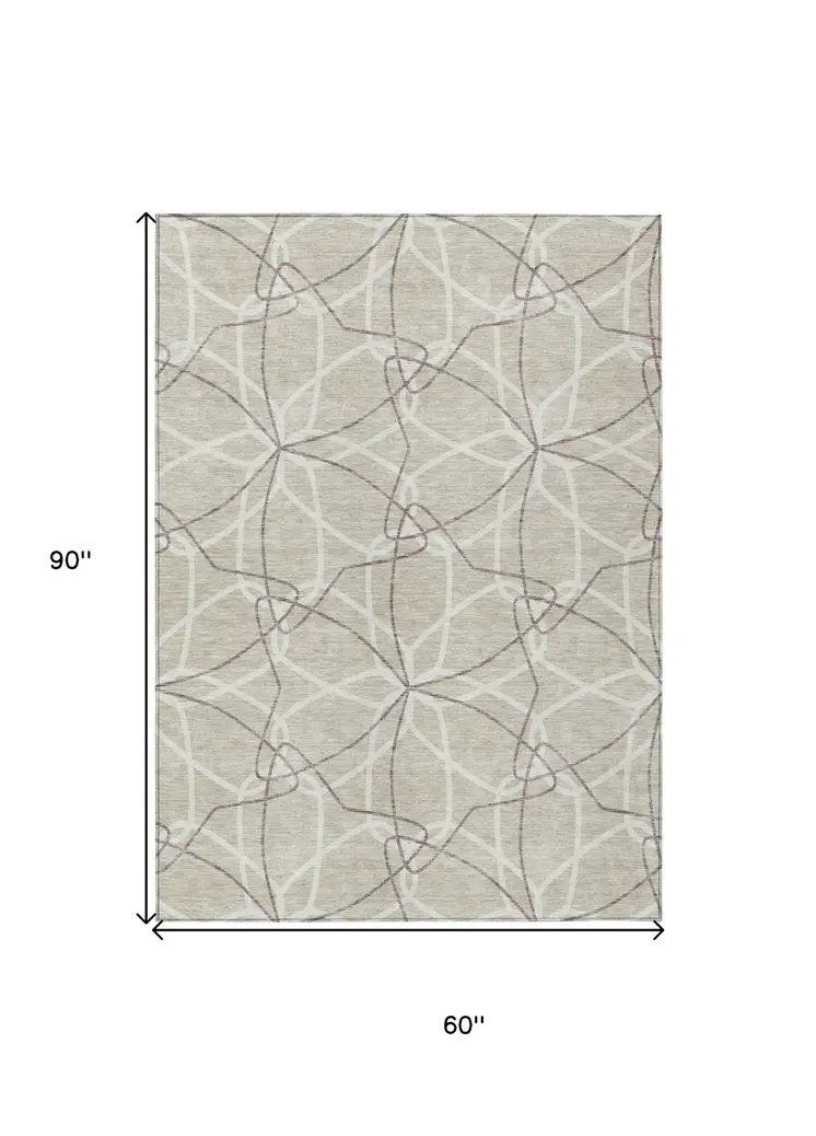 5' X 8' Beige And Ivory Geometric Washable Indoor Outdoor Area Rug
