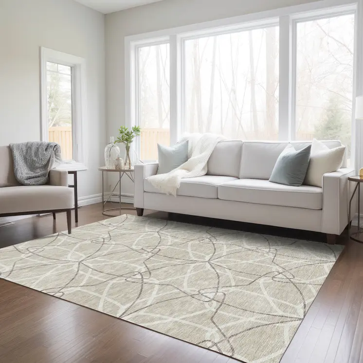 5' X 8' Beige And Ivory Geometric Washable Indoor Outdoor Area Rug