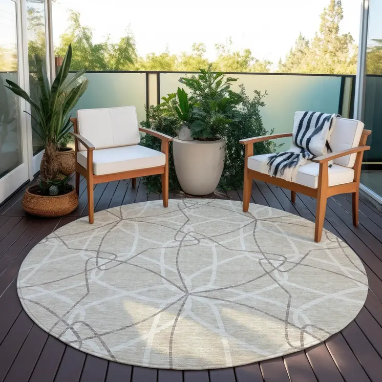 8' Beige And Ivory Round Geometric Washable Indoor Outdoor Area Rug