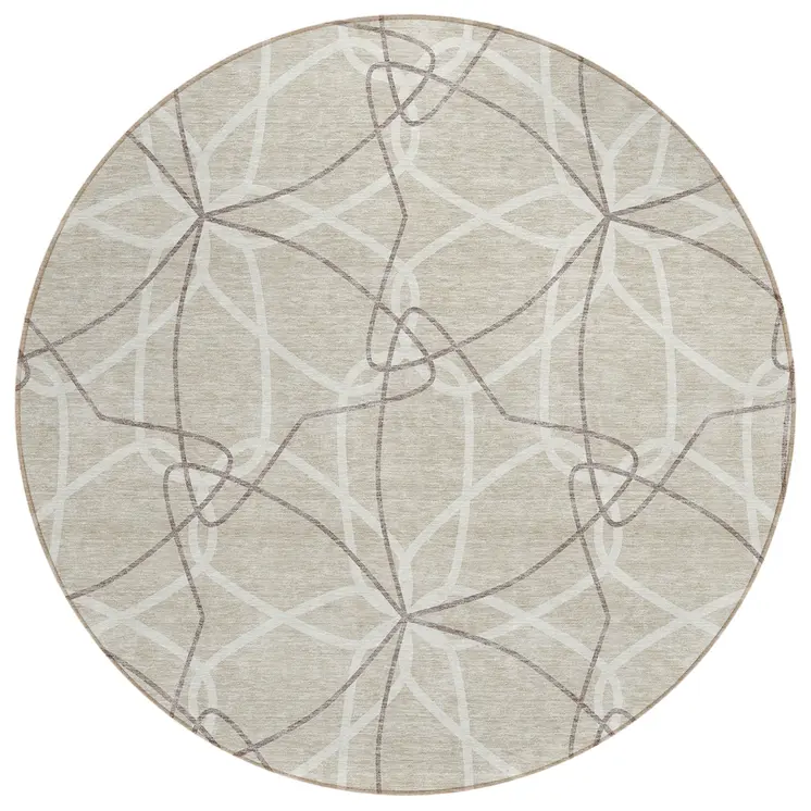 8' Beige And Ivory Round Geometric Washable Indoor Outdoor Area Rug