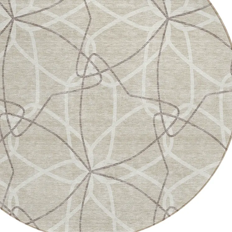 8' Beige And Ivory Round Geometric Washable Indoor Outdoor Area Rug
