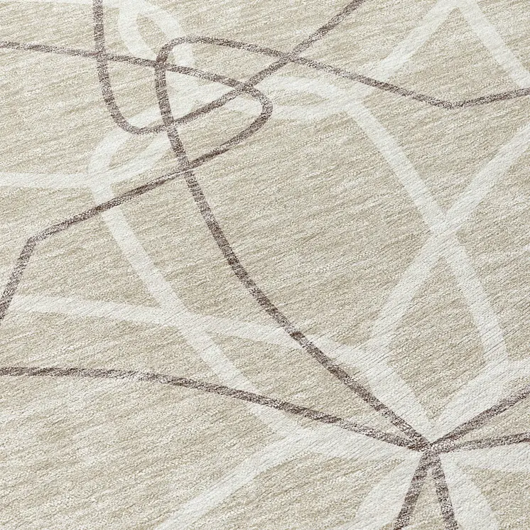 8' Beige And Ivory Round Geometric Washable Indoor Outdoor Area Rug