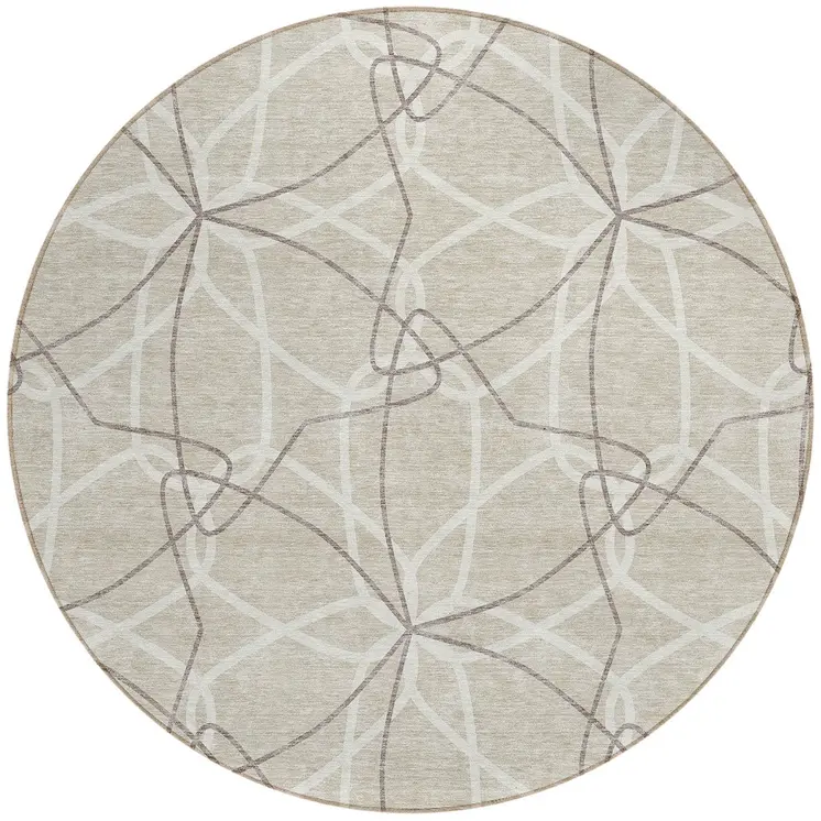8' Beige And Ivory Round Geometric Washable Indoor Outdoor Area Rug