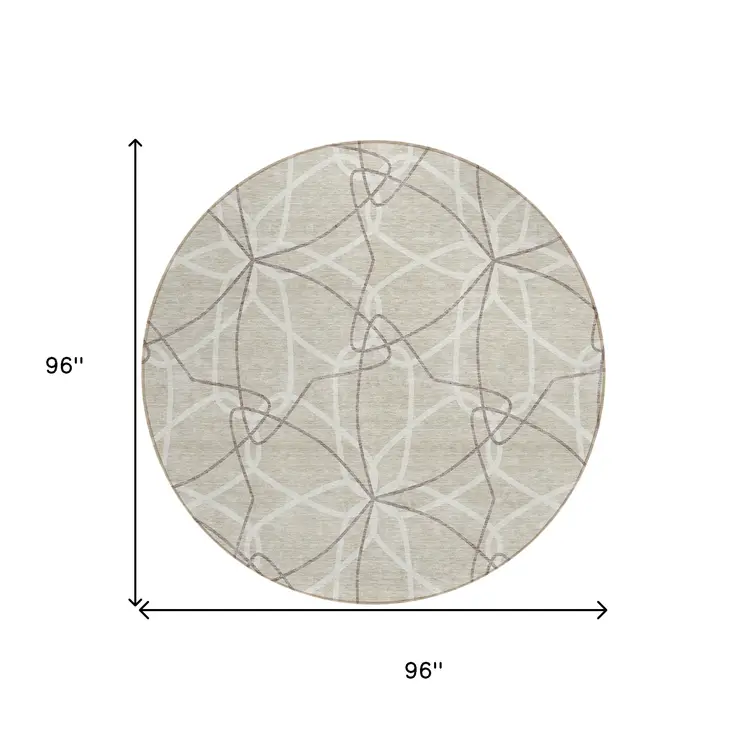 8' Beige And Ivory Round Geometric Washable Indoor Outdoor Area Rug