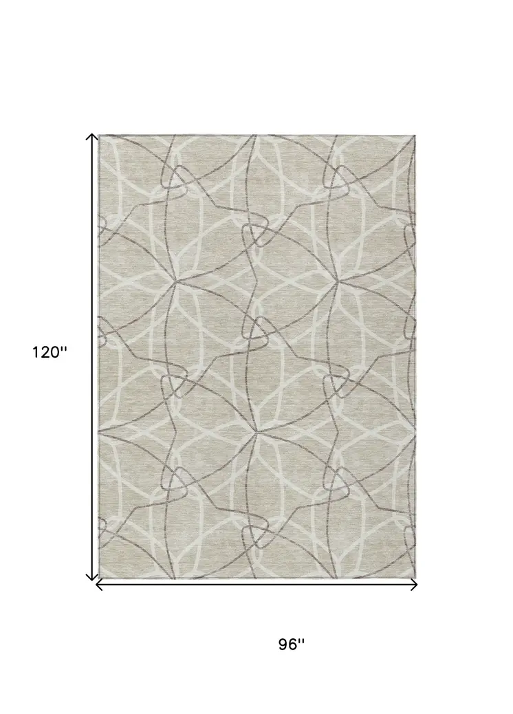 8' X 10' Beige And Ivory Geometric Washable Indoor Outdoor Area Rug