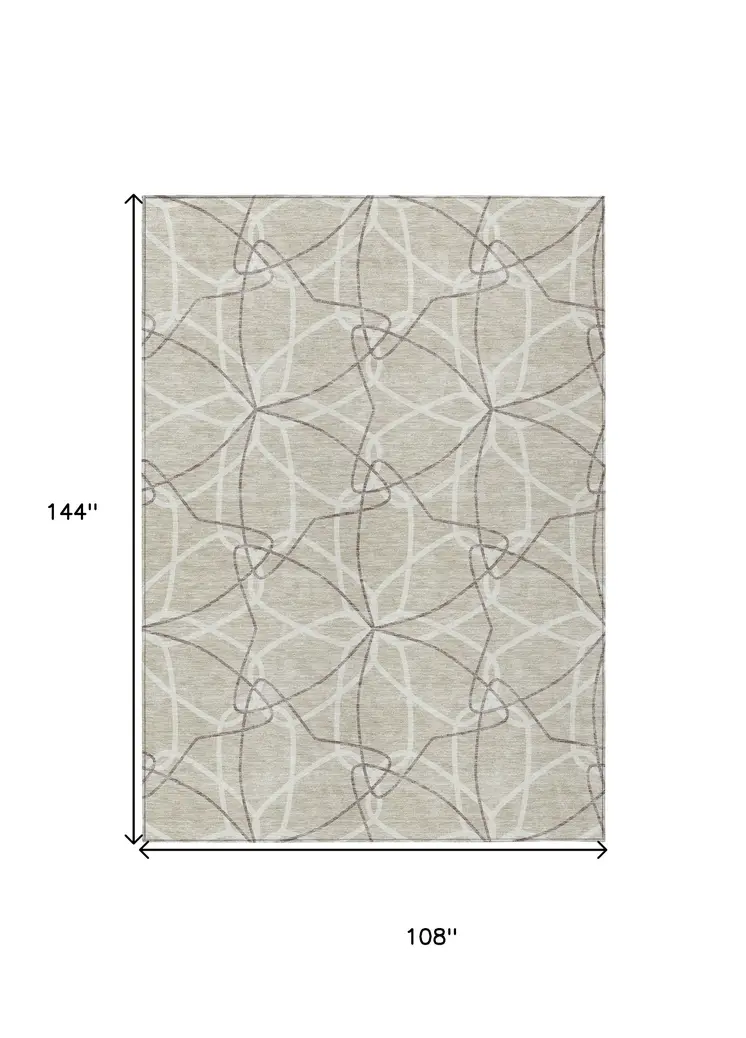 9' X 12' Beige And Ivory Geometric Washable Indoor Outdoor Area Rug