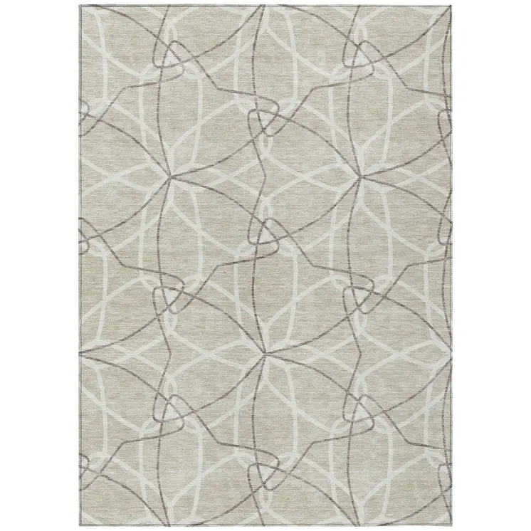 9' X 12' Beige And Ivory Geometric Washable Indoor Outdoor Area Rug
