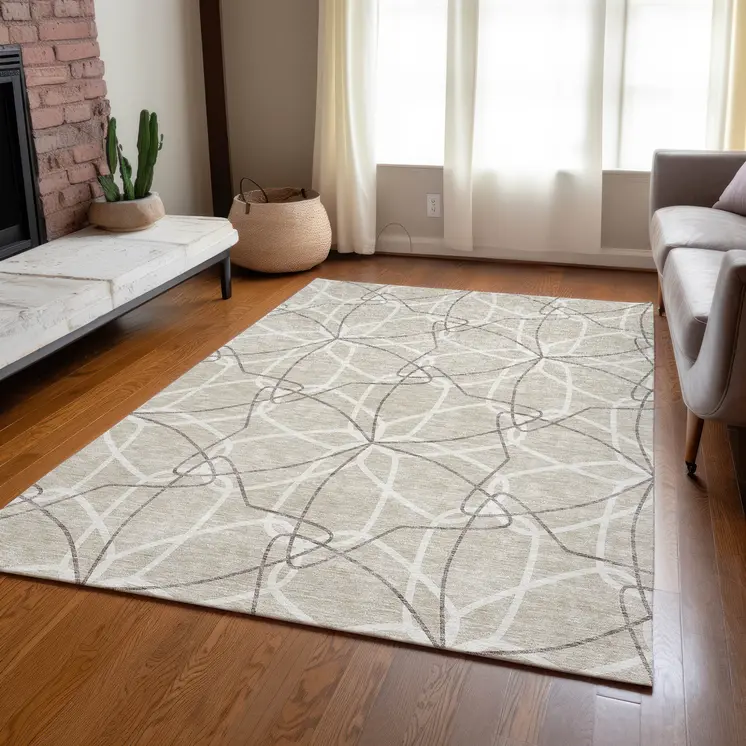 9' X 12' Beige And Ivory Geometric Washable Indoor Outdoor Area Rug