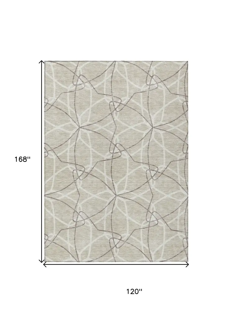 10' X 14' Beige And Ivory Geometric Washable Indoor Outdoor Area Rug