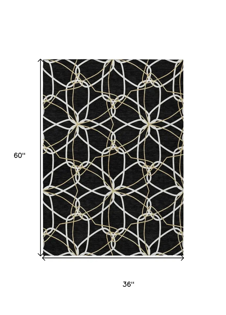 3' X 5' Black And Ivory Geometric Washable Indoor Outdoor Area Rug